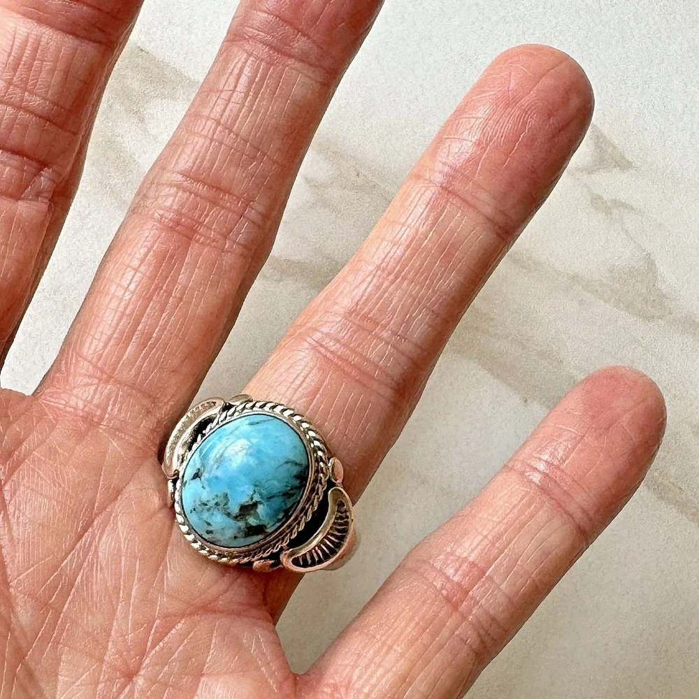 Navajo Mens Band Turquoise Ring Sz 12 Signed AT 19mm Native American Blue‎
